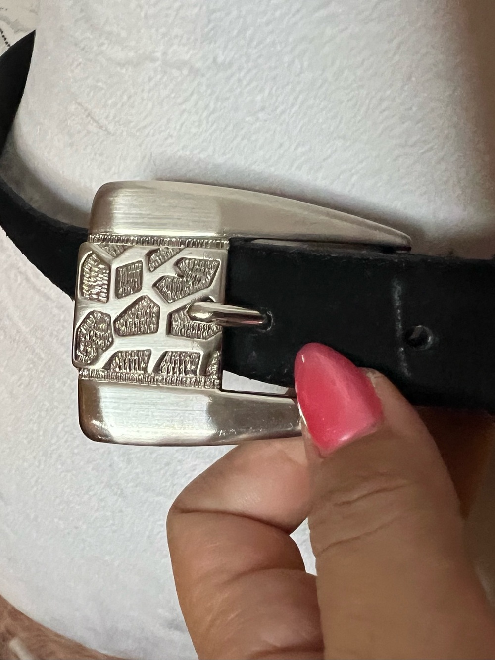 Vintage Black 100% Leather Belt with Textured Silver Buckle